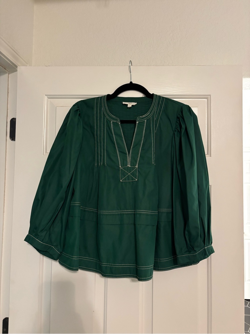 entro Emerald Green Peasant Blouse with Contrast Stitching